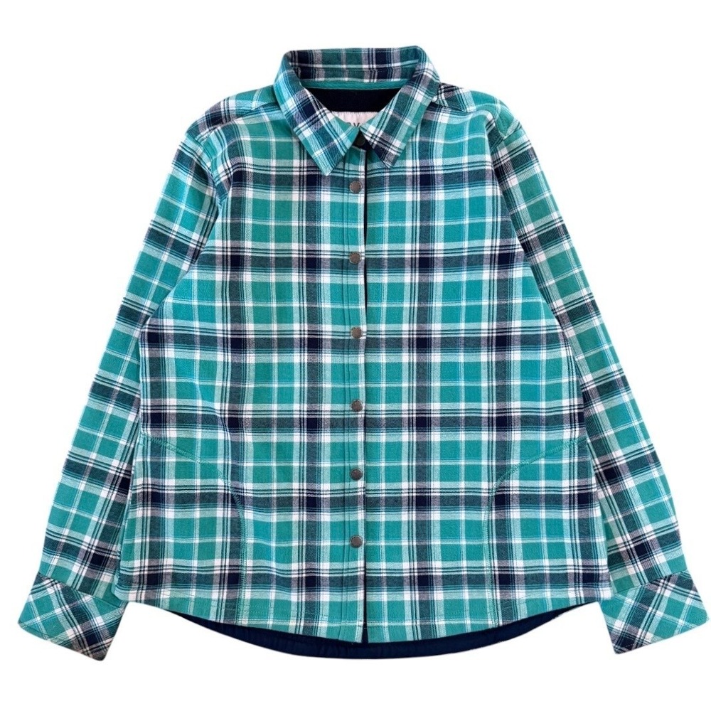 Orvis Fleece-Lined Flannel Snap-Up Shirt Jacket Sz L Plaid Green Granola Outdoor